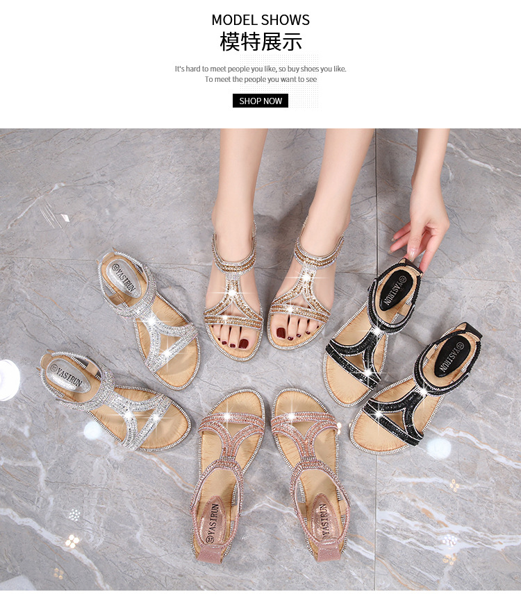 2025 New cross-border sandals Bohemian-style women's shoes summer hollowed-out flat diamond sandals Womanshoes undefined
