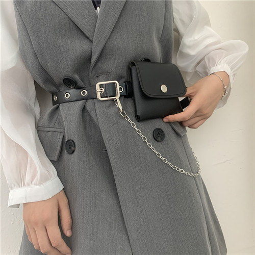Punk style concave shape chain with bag belt, trendy, fashionable and versatile women's belt, full hole small belt