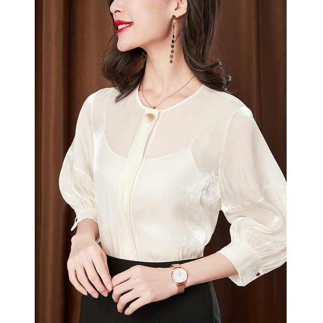 Korean Round Neck Chiffon shirt 7-point Lantern Sleeve loose thin commuter women’s shirt