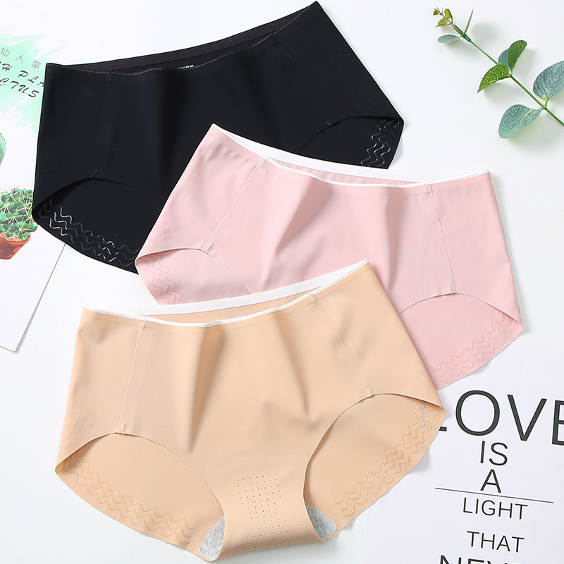 Women's solid color Ice Silk seamless underwear one-piece sexy mid-low waist underpants non-slip breathable pure cotton inner standard delivery