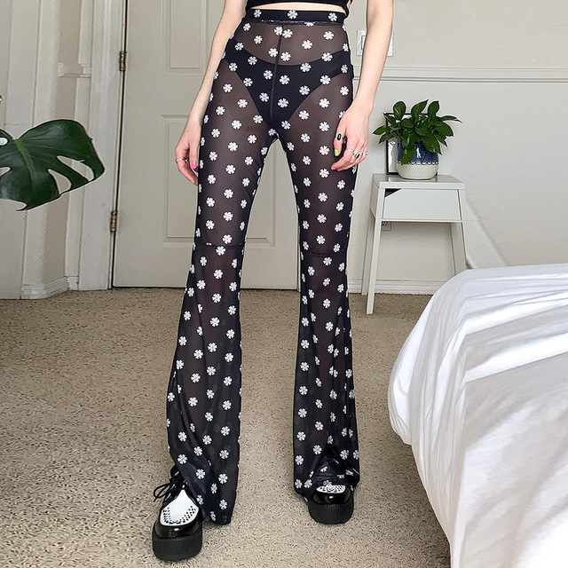 Fashion floral sexy perspective casual high waist flare pants