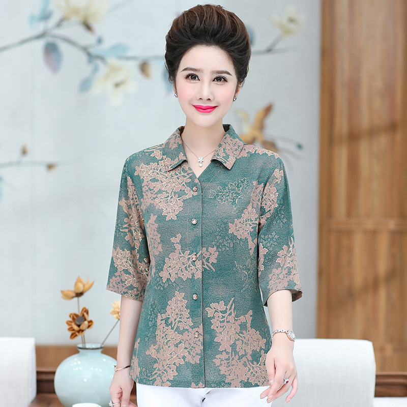 Middle and old age Women's wear fashion Mom outfit Chiffon shirt fashion middle age Lapel printing Kuotai Tai jacket suit