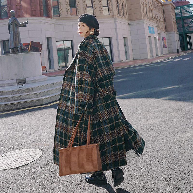 Green Plaid Loose Mid-length Woolen Coat