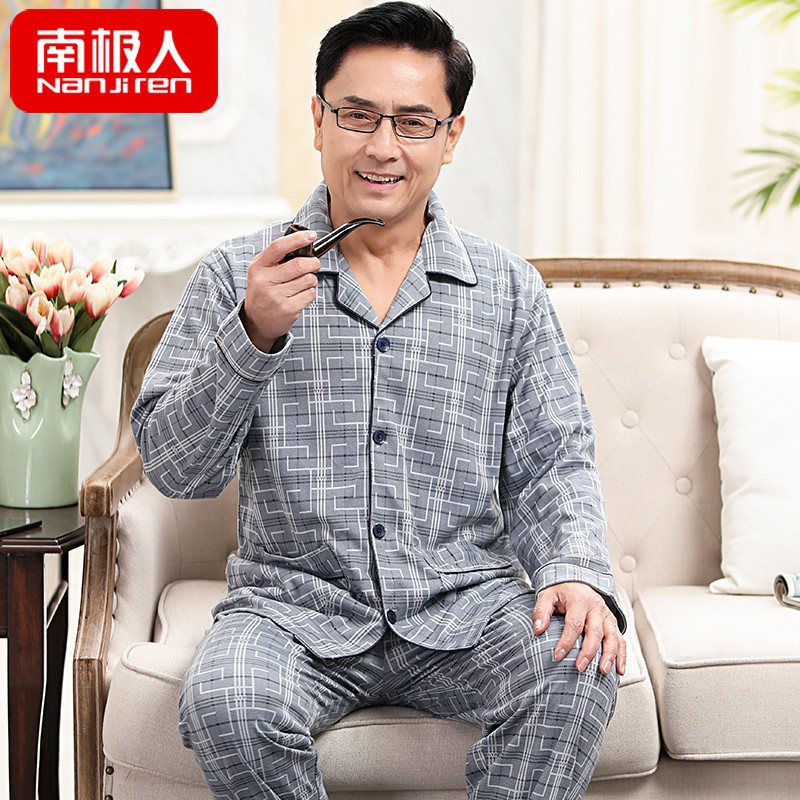 Primavera y otoño pijamas hombres de mediana edad papá cardigan 100% algodón de manga larga de los hombres mayores pijamas más tamaño ropa de casa
