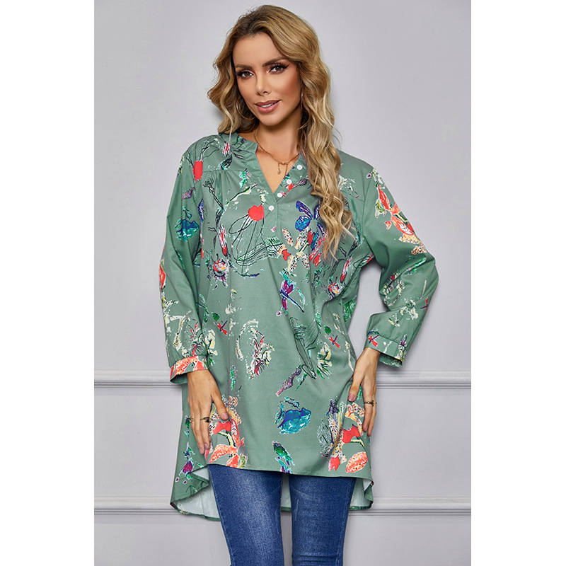 loose V-neck long-sleeved printed T-shirt  NSSA25940