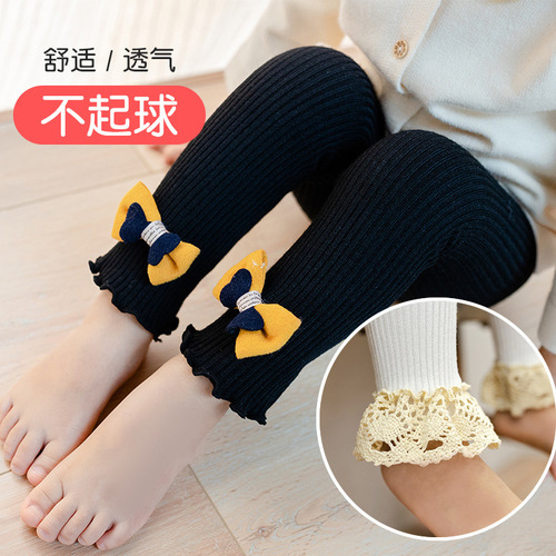 Spring and Autumn Infant Large PP Leggings Vertical Stripe Bow Openable Children's Nine-Point Pants Girls' Pants