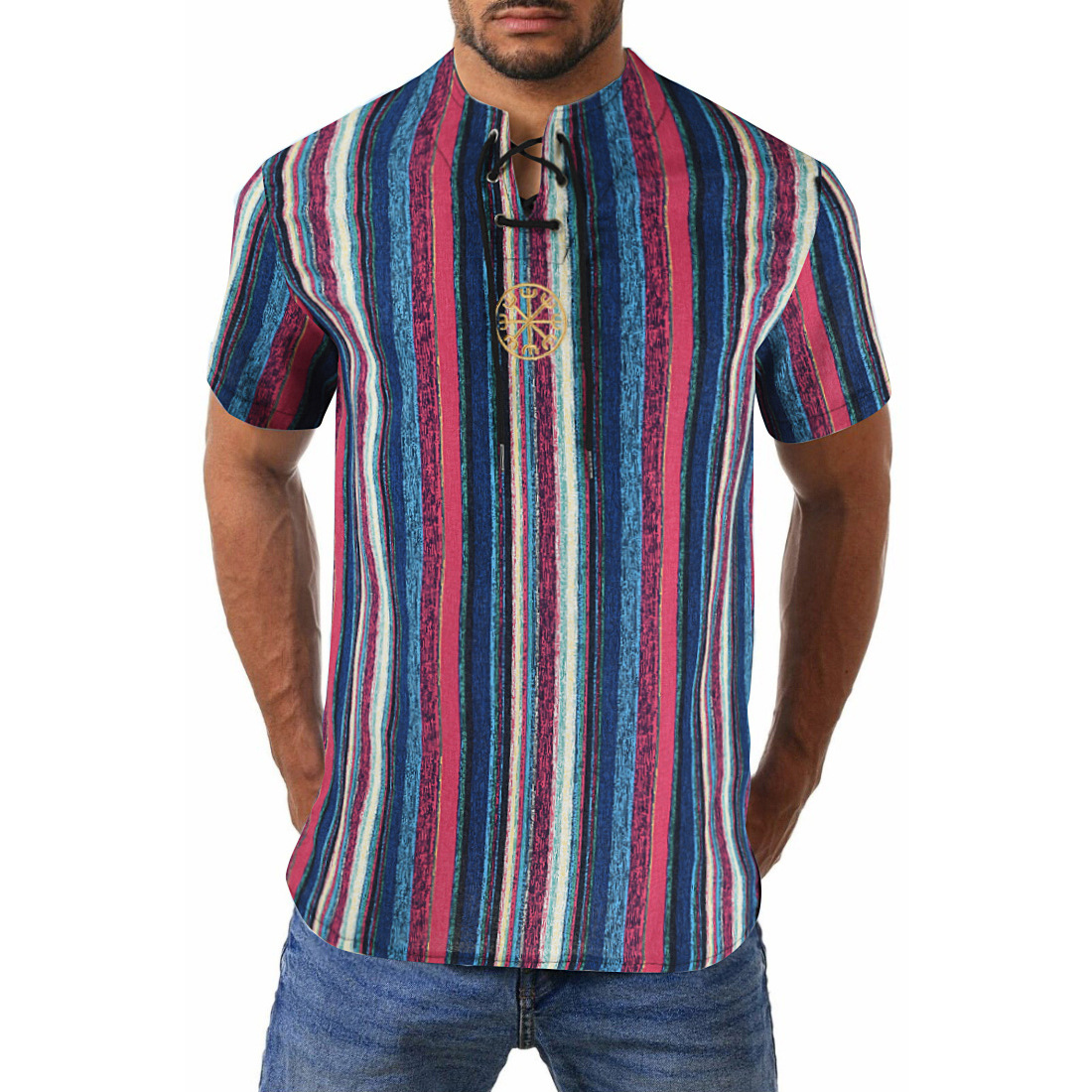 2024 Summer Cross-Border Wish Cotton and Linen Embroidered Short-Sleeved Shirt Slimming Look Stripesd Printed Pullover Round Neck Cotton and Linen Shirt