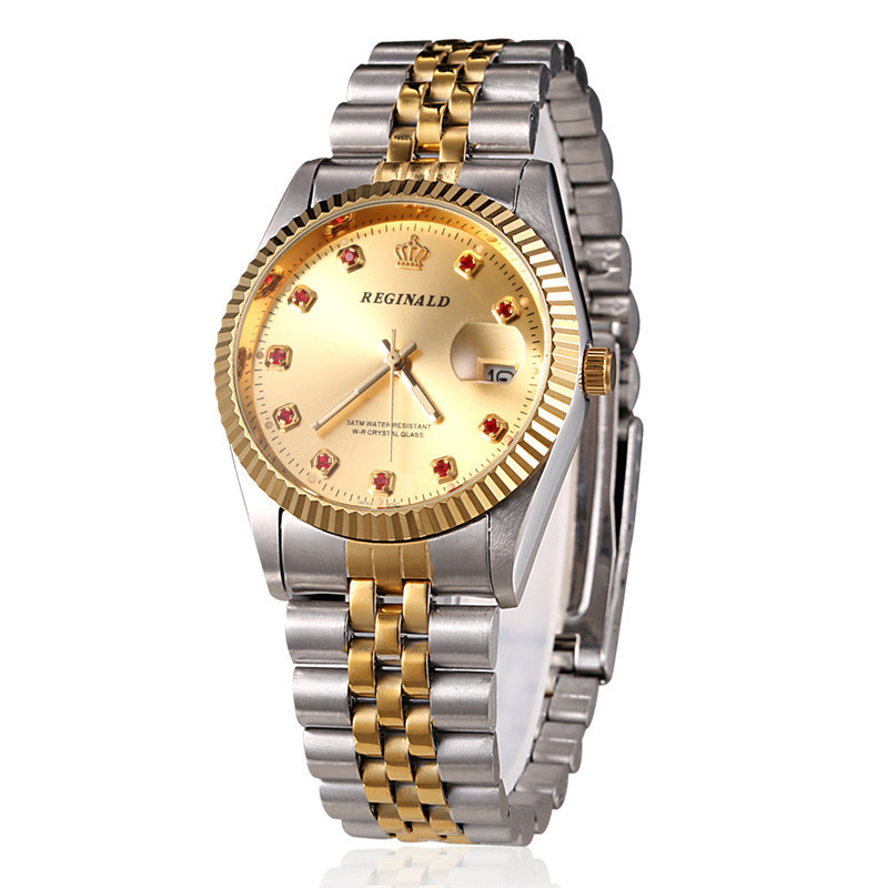 New European and American gold watch REGINALD lijinu Crown watch men's stainless steel gold-plated diamond calendar business Watch New European and American gold watch REGINALD lijinu Crown watch men's stainless steel gold-plated diamond calendar business Watch