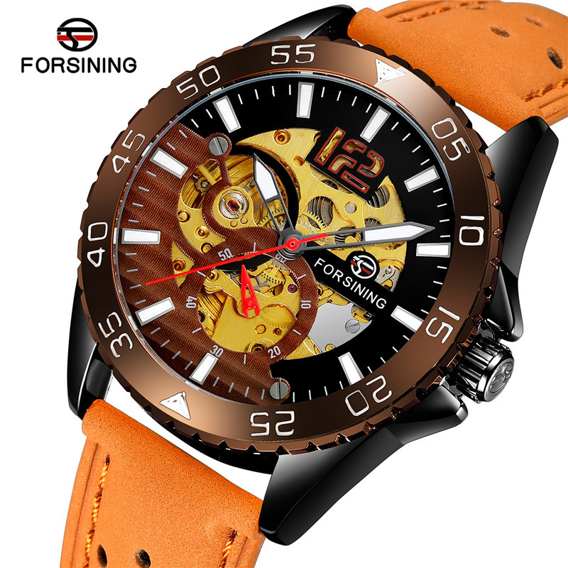 Forsining/fusini hombres correa de cuero reloj de negocios reloj mecánico automático casual reloj hueco 8180