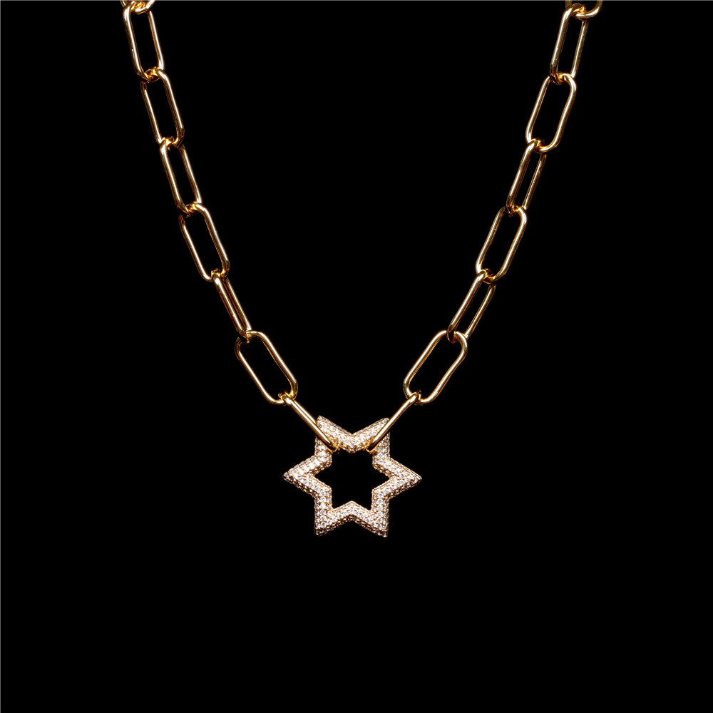 Hot Sale New Hip-hop Style Full Diamond Hexagonal Star Pendant Lock Thick Necklace display picture 8