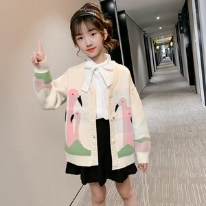 女童火烈鸟针织衫外套2020春秋新款韩版休闲中大童时髦洋气中长款