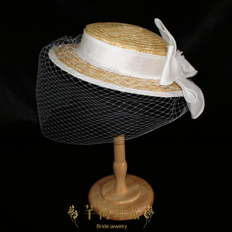 Half -faced mesh gauze small straw hat wedding photography art photo…