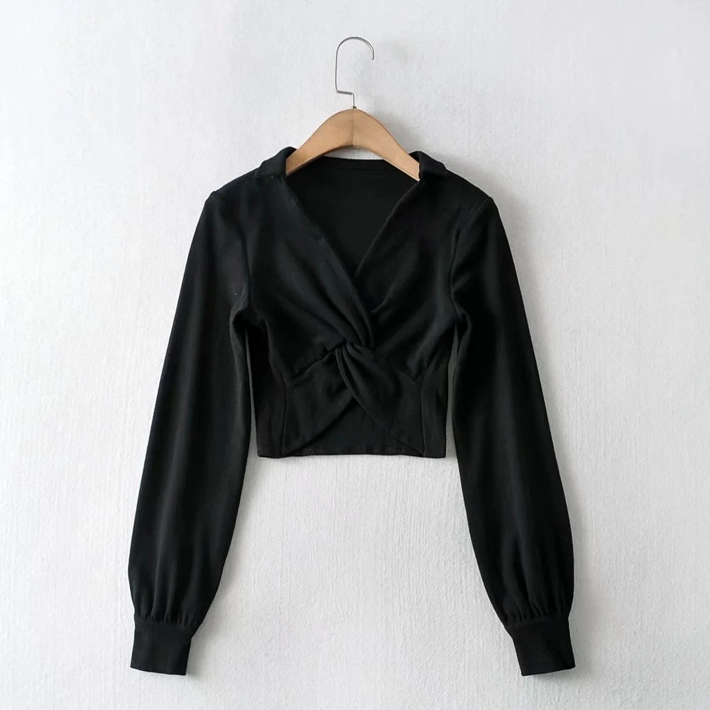 cross-knot lapel long-sleeved T-shirt NSHS31716