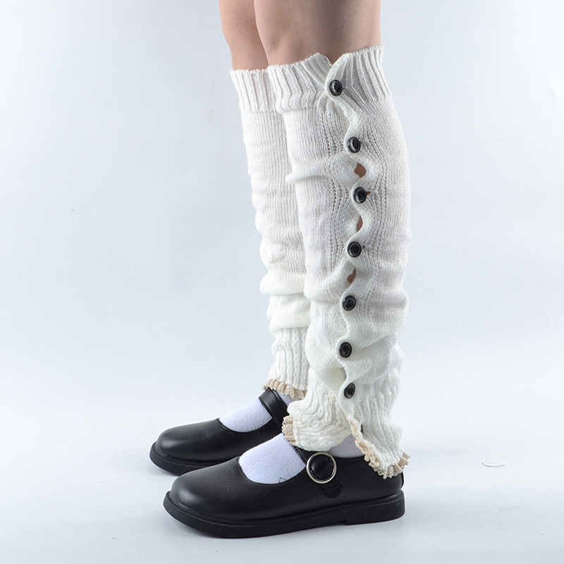 秋冬针织防寒保暖长款弹力毛线袜套韩版甜美蕾丝日系百搭扣子腿套