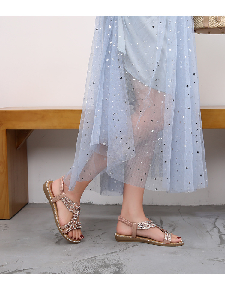2024 New cross-border large-sized hollowed-out sandals, Bohemian-style women's shoes, summer comfortable flat diamond sandals undefined