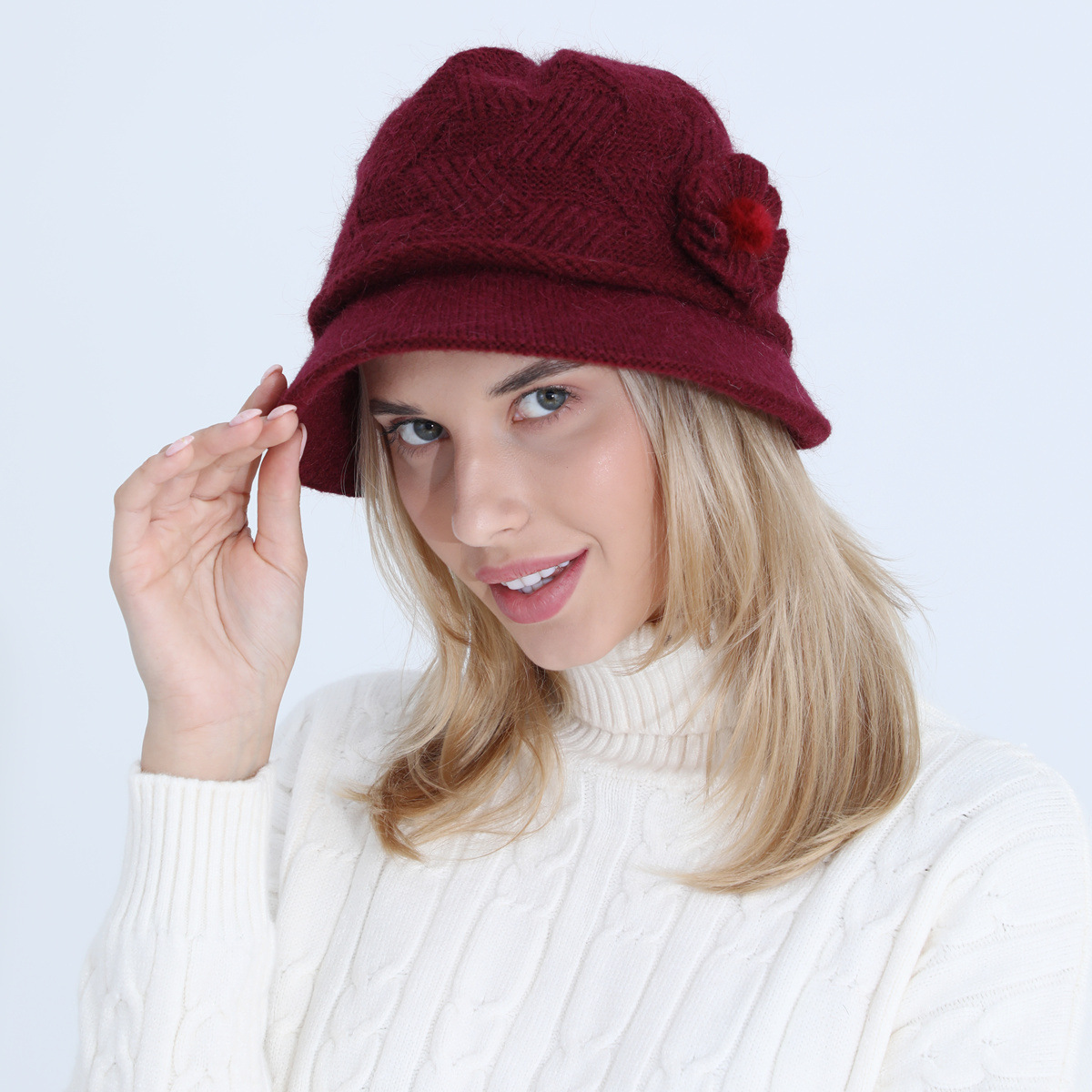 Gestrickte Damen Mütze Mit Kaninchenhaar Warm Für Den Winter_voghion.com