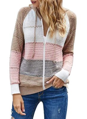 2020秋冬亞馬遜新款拉鏈毛衣 歐美爆款三色拼接拉鏈連帽毛衣