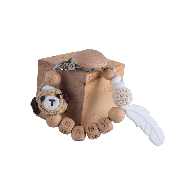 Nueva haya chupete clip bola de lana animal dibujos animados bebé nombre personalizado pluma silicona teether juguete molar