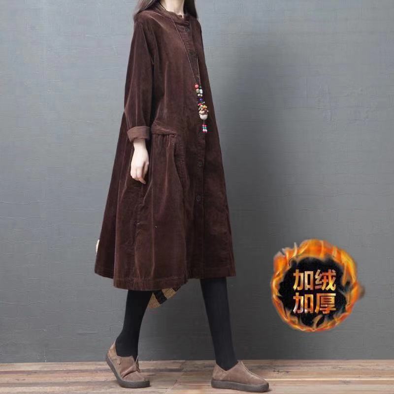 2020秋冬新款韩版宽松大码加绒加厚单长袖中长款灯芯绒外套连衣裙