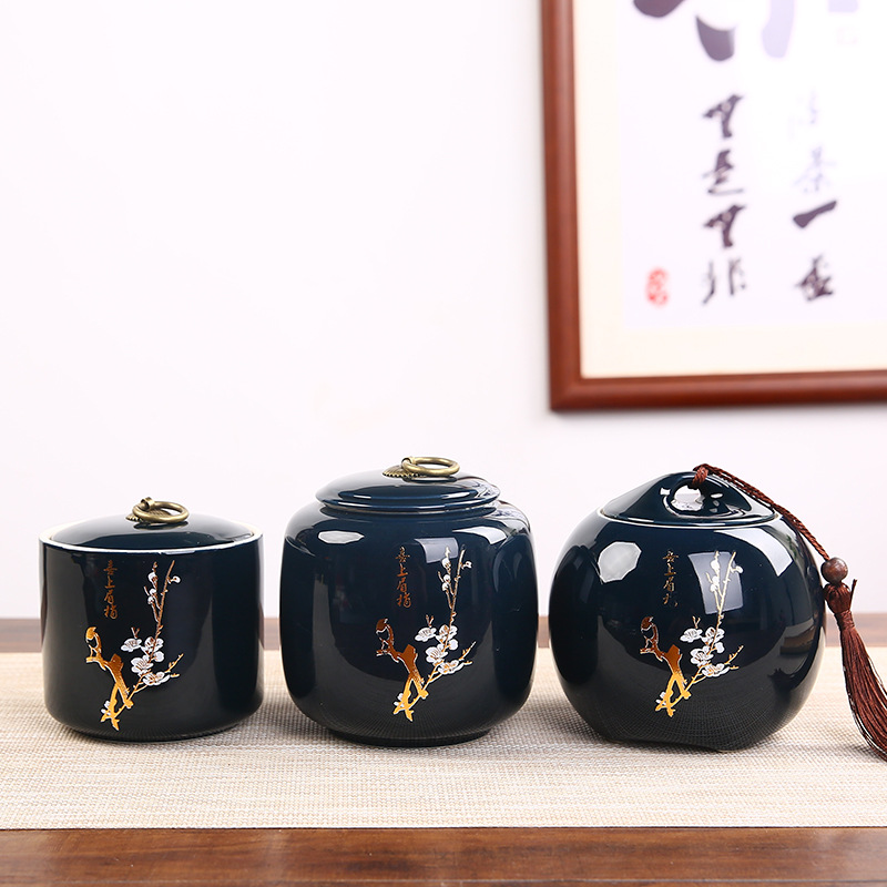 霁蓝陶瓷茶叶罐密封罐家用大中小号茶叶罐密封罐糖果罐logo定制