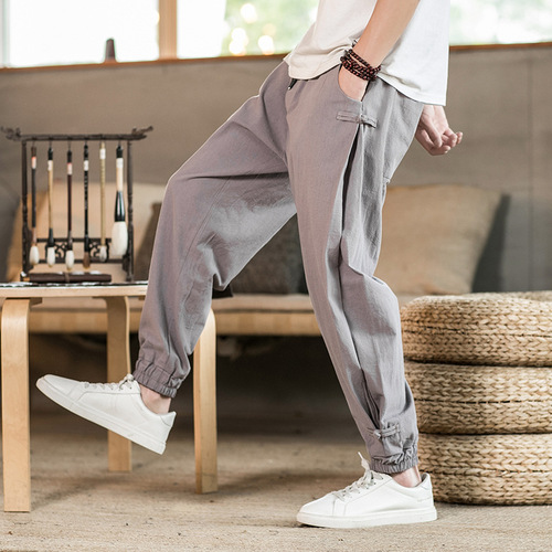 Linen Chinese kung fu pants for men male casual sports pants  breathable cotton linen buckle large size harem bloomers pants