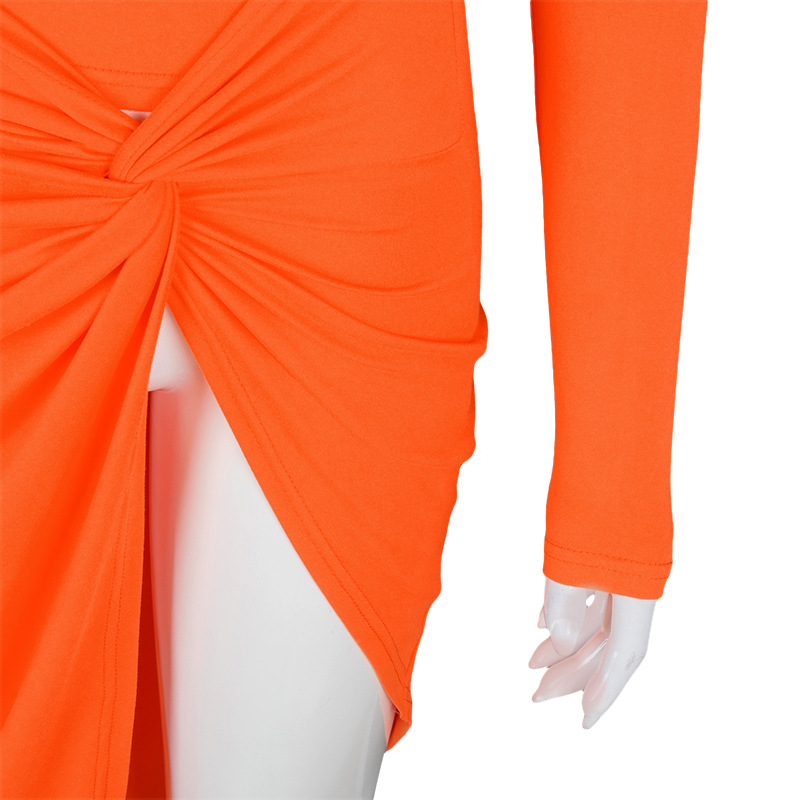 High Slit Skinny Solid O-Neck Pleating Midi Dress