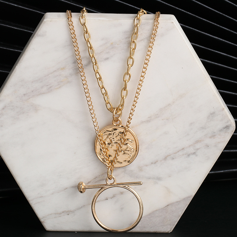 New Fashion Double-layer Retro Coin Necklace Abstract Relief Coin Portrait Multi-layer Sweater Chain Wholesale display picture 4