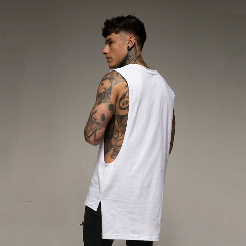 Verano Gran Hendidura suelta deportes fitness Chaleco de los hombres europeos y americanos más largo hip hop color sólido sin mangas camiseta algodón