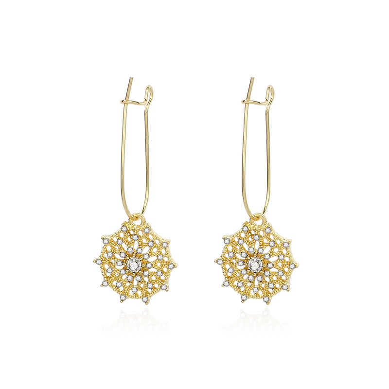 4g Weight Earrings Classification Housewarming, Anniversary, Business, Wedding, Travel, Birthday, Festival Occasion Alloy Material Geometric Pattern Women'S Gender Cartoon Style, Retro, Exaggerated, Novelty, Fashion, Ethnic Style, Simple Style, Streetwear Style Gold Color Korea Simple Zircon Retro Fashion Rhinestone Hollow Alloy Earrings Wholesale Nihaojewelry 5