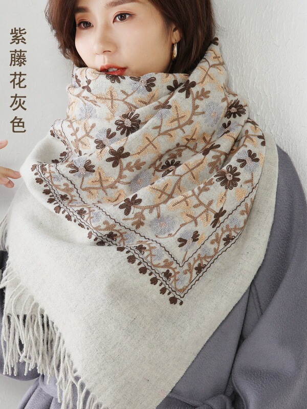 Scarf Women's Winter Cashmere Embroidered Ethnic Style All-match Thick Warm Neck Wool Shawl Dual-use Mother for Elders