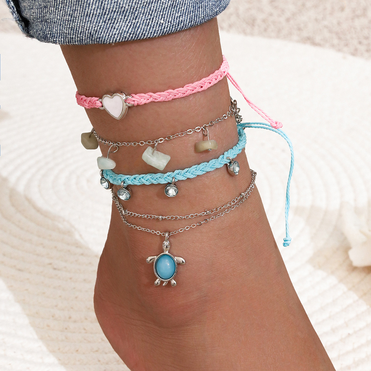blue pink love tassel anklet 4-piece set