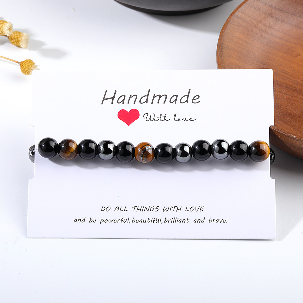 Streetwear Round Natural Stone/Tigereye/Haematite/Iron Ore/Black Glass/Ebony Beaded Men's Bracelets Surgical Gold Plated Jewelry Sets display picture 6