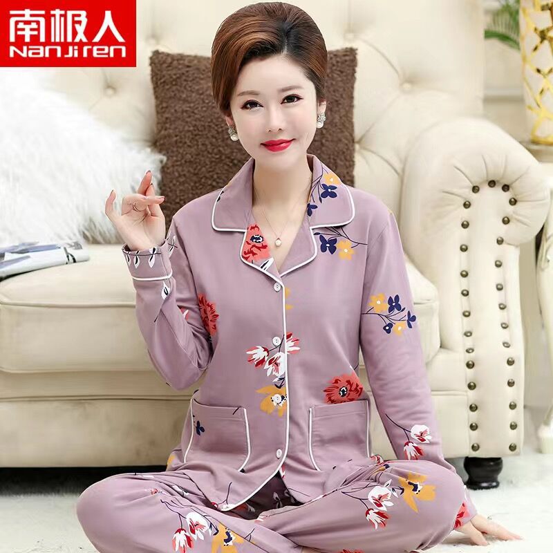 Pijamas mujer primavera y otoño 100% algodón ropa de abrigo de manga larga madre de mediana edad y ancianos Otoño e Invierno traje floral homewear