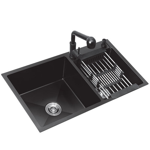 Manufacturer wholesale nano black double-bowl 304 stainless steel handmade kitchen sink basin pool set