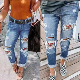 外贸新款 跨境亚马逊欧美女装 时尚破洞圣诞老人牛仔长裤高腰