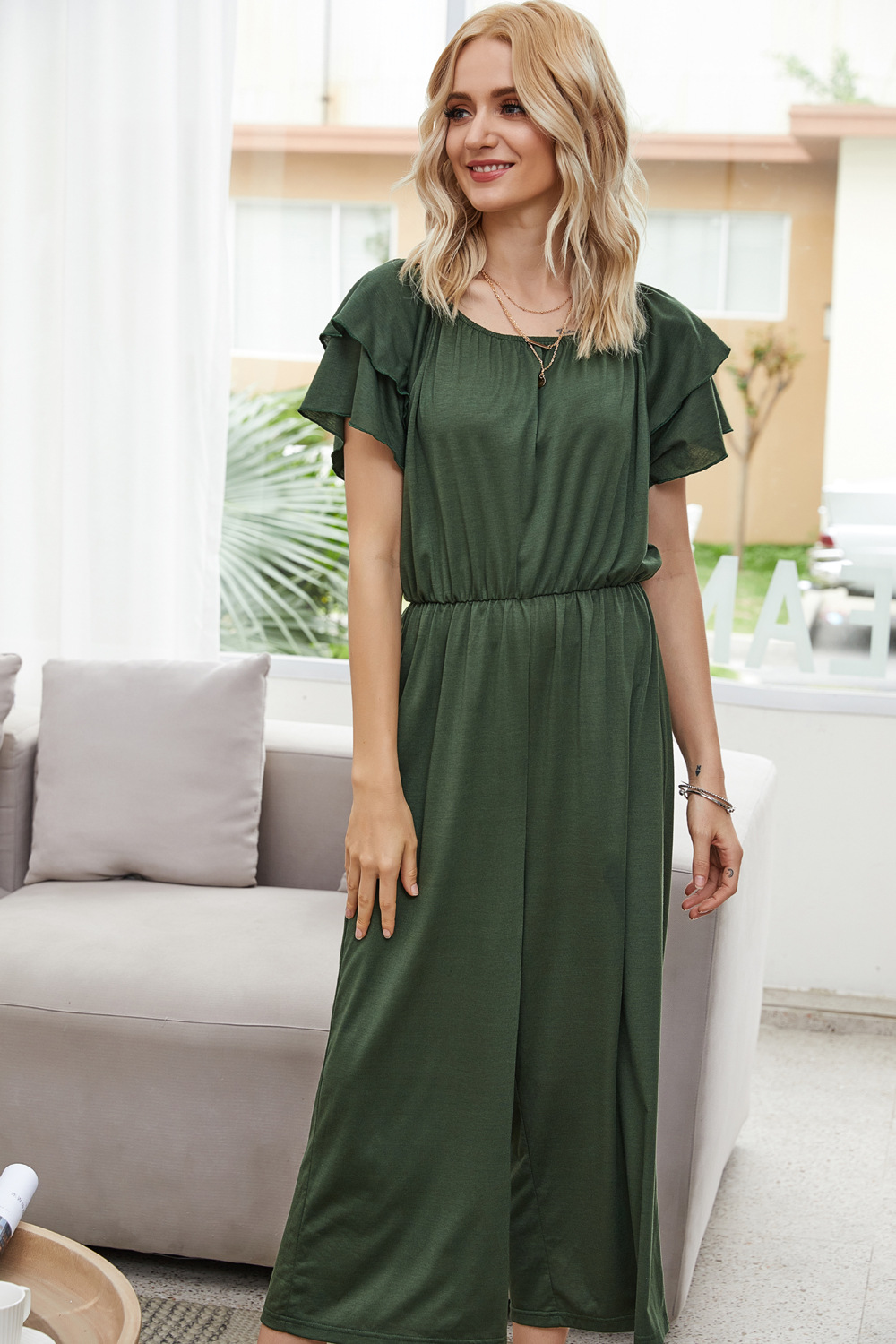 wrapped chest word ruffled army green casual home jumpsuit NSDF1534