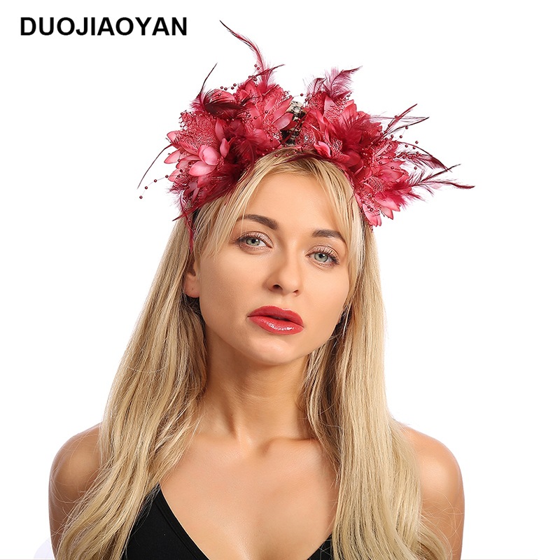 New Red Fabric Flower Feather With Skull Plastic Headband Halloween Headdress Factory Direct Sales display picture 3