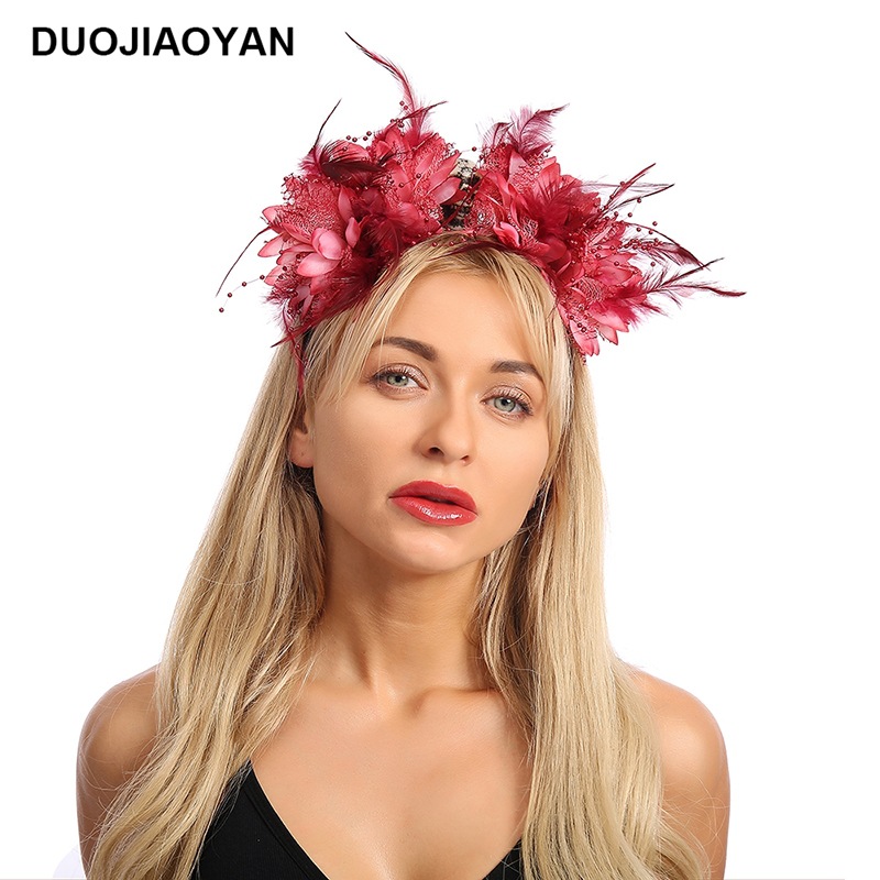 Nouveau Rouge Tissu Fleur Plume Avec Le Crâne En Plastique Bandeau Halloween Coiffe Usine Ventes Directes display picture 3