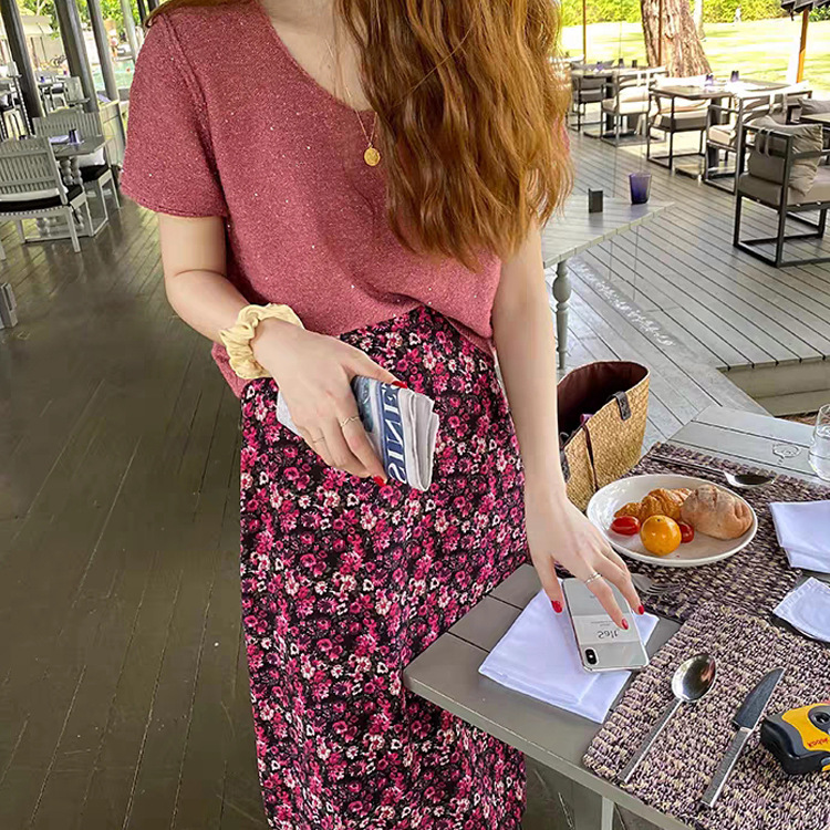 simida2020春夏新款 反車線設計感bling閃閃V領短袖套頭毛織上衣