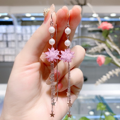 Women ballroom latin dance bling earring jewelry silver long pink flower earrings with tassel pearl earrings and Star Earrings