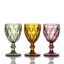 欧式复古原色彩色玻璃高脚杯果汁杯浮雕玻璃制品红酒杯
