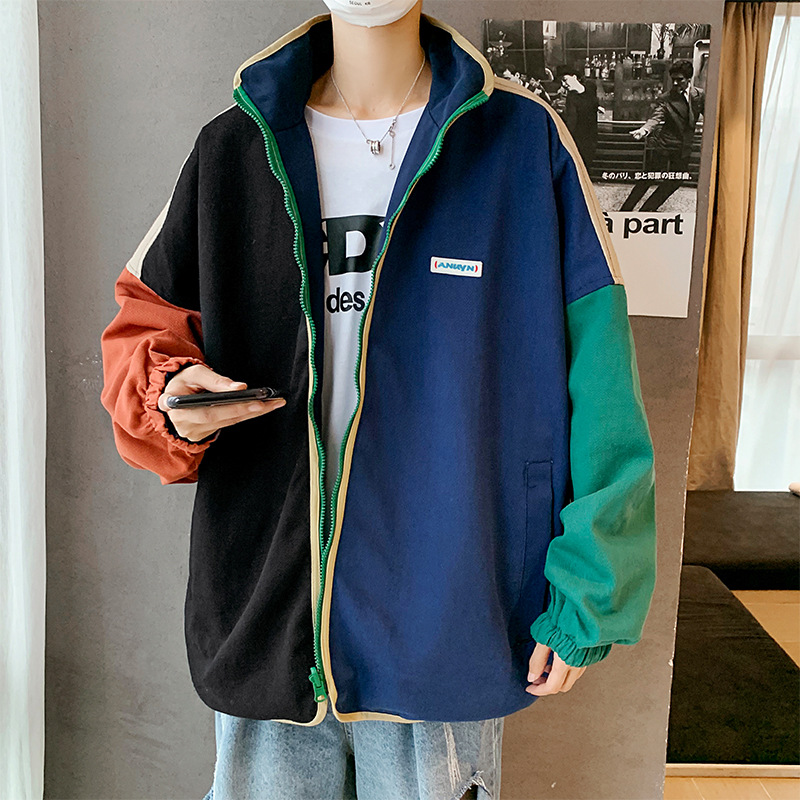 Primavera y otoño nuevo estilo de Hong Kong ins abrigo de costura de doble cara chaqueta suelta de estilo coreano para hombres de moda juvenil a juego