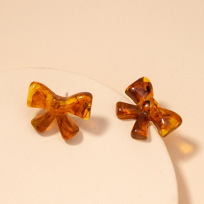 S925 Silver Needle Korean Retro Resin Amber Bow Earrings display picture 4