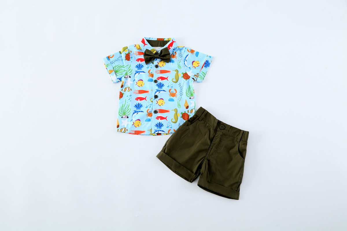 儿童套装 2020夏季外贸童装新款 宝宝纯棉衬衫短裤两件套