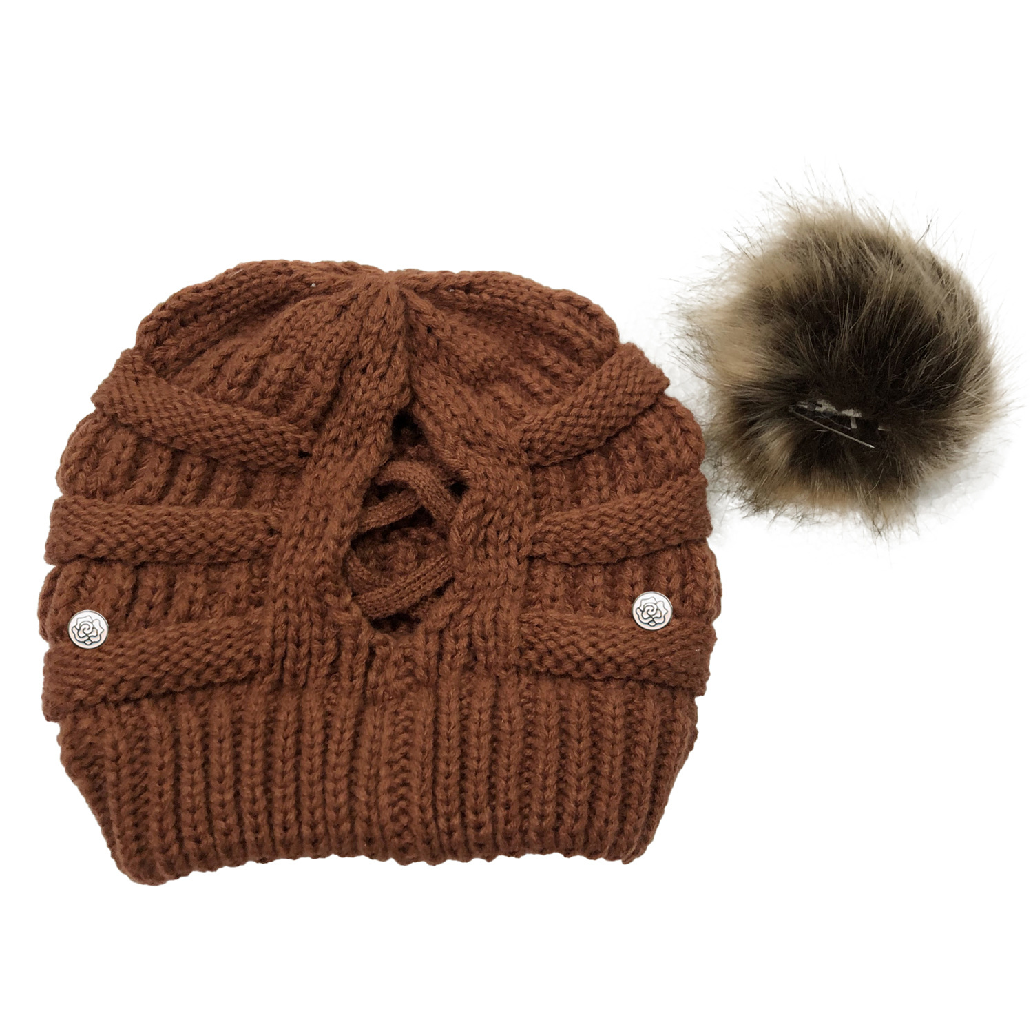 Crochet Ponytail Hat With Fur Pom Pom Mask Button Hat Hot Selling Knitted Hat Wool Ball Wool Hat Criss-cross