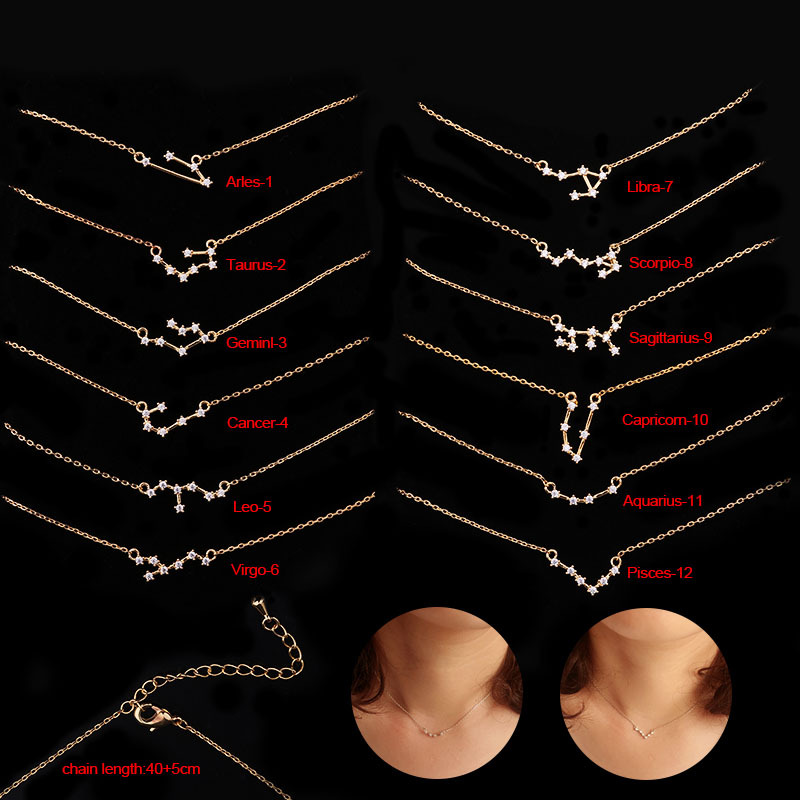 外贸新品十二星座项链女创意简约锆石锁骨链时尚学生个性饰品批发