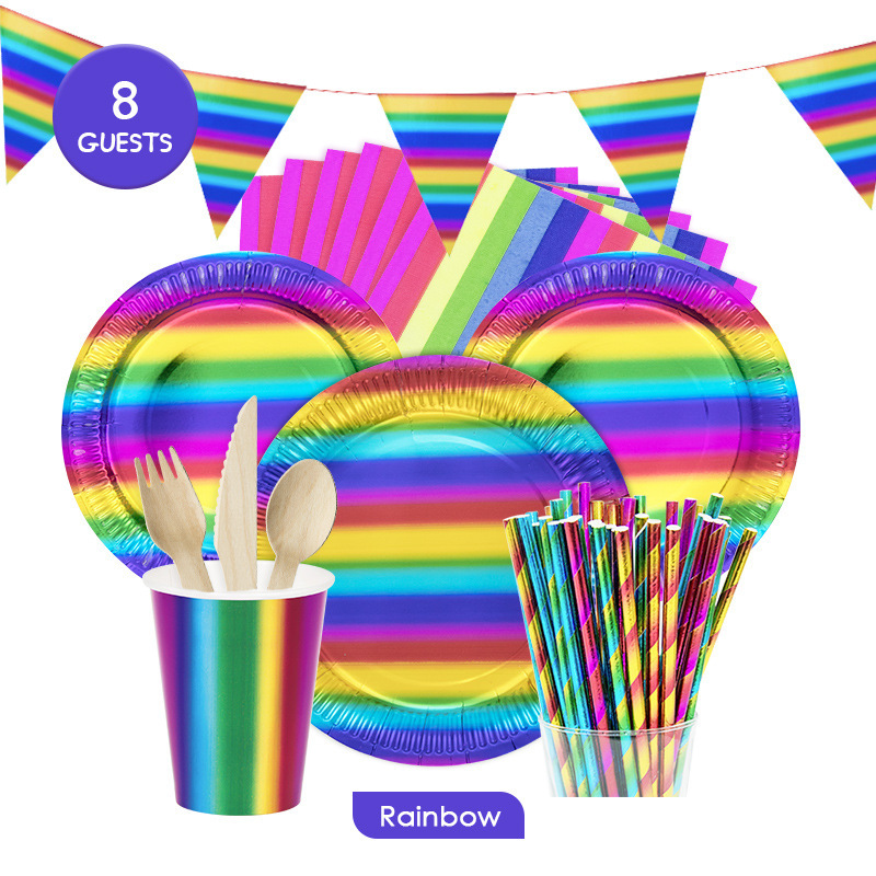 Mardi Gras carnival holiday party supplies disposable tableware set dark rainbow paper cup paper plate paper towel