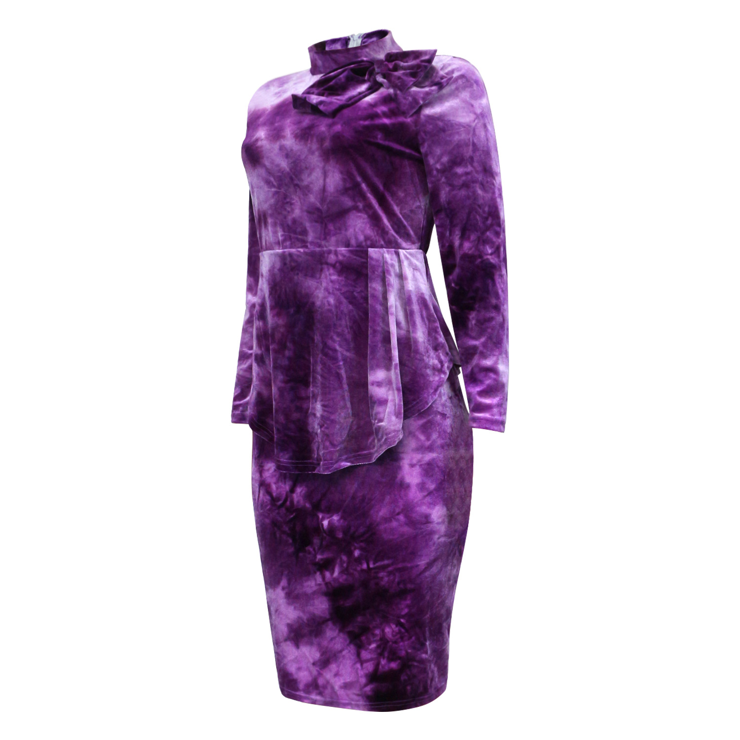 autumn plus size long-sleeved tie-dye printing bowknot dress nihaostyles wholesale clothing NSBMF91101