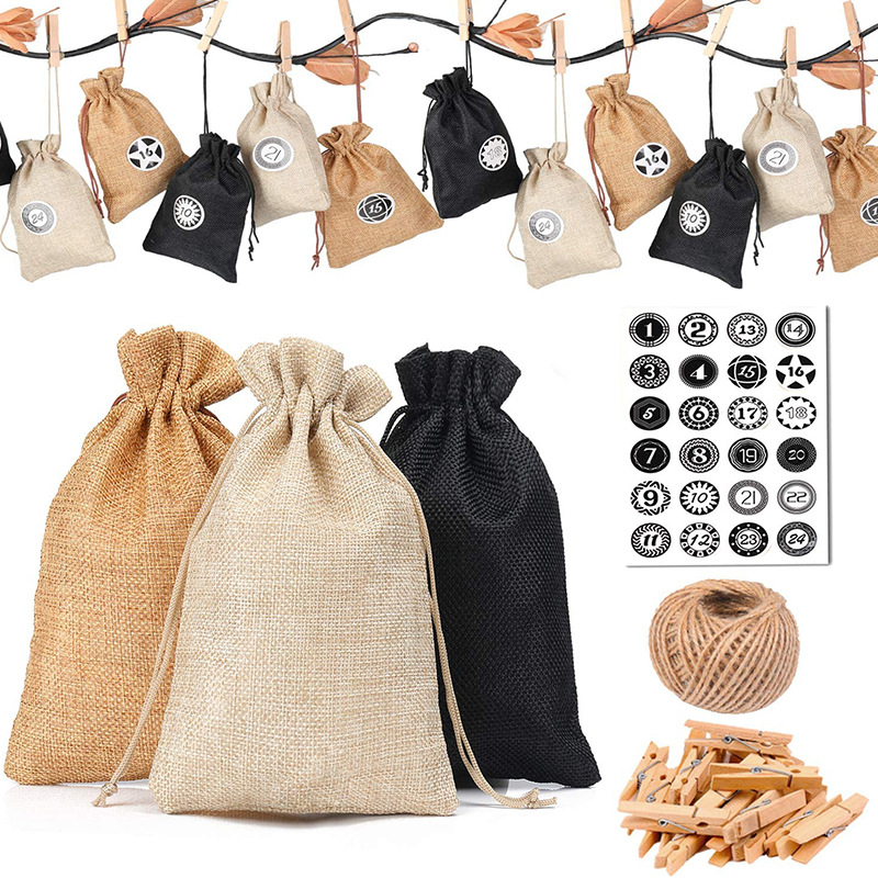 三色麻布圣诞礼品袋 亚麻圣诞节降临日历贴纸糖果麻布袋 现货定制