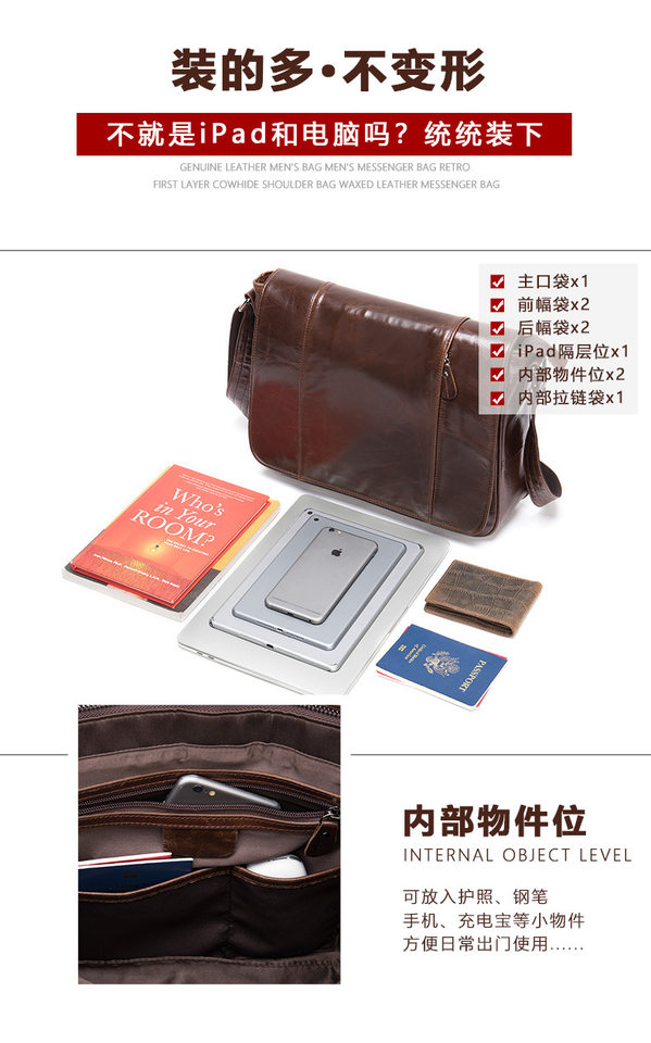 Túi đeo chéo nam da bò , túi đựng máy tính bảng 8 inch, đeo vai chéo — Cà phê, Cà phê da ngựa điên chi tiết 13